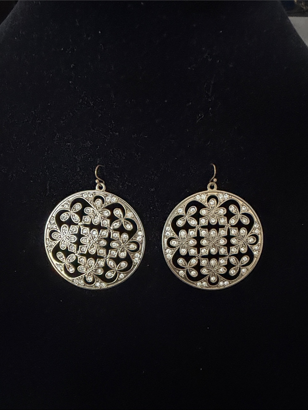Gold-Tone Floral Filigree Drop Earrings with Crystal Accents